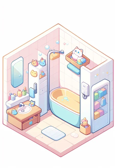 topdown, isometric,
no shadows, cartoon look,
no humans,
furniture,cute style, joyful atmosphere, cat ears,
colorful design,
bathroom, toilet, shower