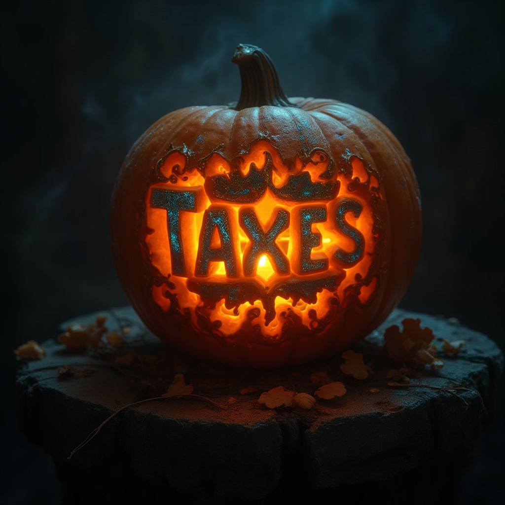 A masterful cinematic photograph of a beautiful, detailed carved pumpkin glowing from within atop an old stone plinth.
The raised carving on the pumpkin uses different layers of carving in the pumpkin and inlays of gold and cyan to create a beautiful scene that glows from within with the bright light of a candle.
The scene carved on the pumpkin is a bold text: "TAXES".
The composition focuses on the pumpkin and the carving, the stone plinth and dark, eerie surroundings are just accompanying, out of focus.
The color palette uses three colors, mainly rich orange tones, deep vibrant cyan and bright gold. The overall ambiance is mysterious, dark and eerie.
The lighting setup masterfully captures the glow from within the pumpkin and enough light from the outside to display the detailed carving on the pumpkin.
The image is a masterpiece that captures the captivating charm of a beautiful painting decorated with baroque patterns. Its resolution is ultrahigh and detailed.