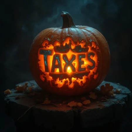 A masterful cinematic photograph of a beautiful, detailed carved pumpkin glowing from within atop an old stone plinth.
The raised carving on the pumpkin uses different layers of carving in the pumpkin and inlays of gold and cyan to create a beautiful scene that glows from within with the bright light of a candle.
The scene carved on the pumpkin is a bold text: "TAXES".
The composition focuses on the pumpkin and the carving, the stone plinth and dark, eerie surroundings are just accompanying, out of focus.
The color palette uses three colors, mainly rich orange tones, deep vibrant cyan and bright gold. The overall ambiance is mysterious, dark and eerie.
The lighting setup masterfully captures the glow from within the pumpkin and enough light from the outside to display the detailed carving on the pumpkin.
The image is a masterpiece that captures the captivating charm of a beautiful painting decorated with baroque patterns. Its resolution is ultrahigh and detailed.