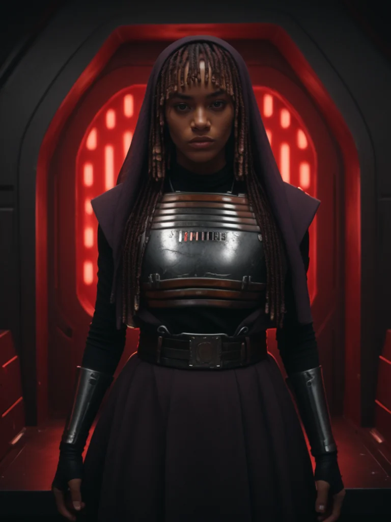 score_9, score_8_up, score_7_up, score_6_up, night, dark lighting, (dark atmosphere, red lights:1.2) <lora:SW_Imperial_Style:1> Imperial-Style, Imperial-Tech, Star Wars, window, female, dark skin, lips, dress, breastplate, armor, brown hair, blunt bangs, red dreadlocks, long hair, purple veil, standing, serious, intimidating, <lora:Mae-ho_Aniseya:1>