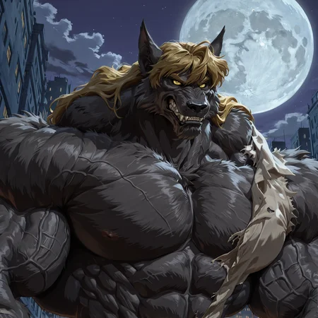 masterpiece, best quality, amazing quality, very aesthetic, dynamyc pose, dynamic angle, city, full moon, absurdres, newest, high quality, detailed, male, furry male, solo male, 1boy, mature male, athletic build, muscle biceps, sexy abs, muscle chest, anthro, looking at viewer, <lora:Uneven_Growth_PonyILXL:0.2>, veiny muscles, veins, big fangs, hyper muscle masculine neck, bulging neck muscles, <lora:Male_hyper_muscle_neck:0.2>, full moon, <lora:add-detail-xl:0.5>, detailed face, perfect face, detailed eyes, clenched teeth, smirking, <lora:Lucas_Amato_Illustrious_Cyber_Six:0.6>, lucasamato, werewolf, black fur, blonde hair, animal ears, white torn shirt, yellow eyes, long hair, close portrait, close up, <lora:hyper_muscles_CEUNAST_v1-1_ILXL_quantile:0.3>, <lora:Male_Himbo_Lips:0.2>, veiny body, <lora:DarkFantasy_Buns:0.2>, <lora:kusunagi_IL:0.4>