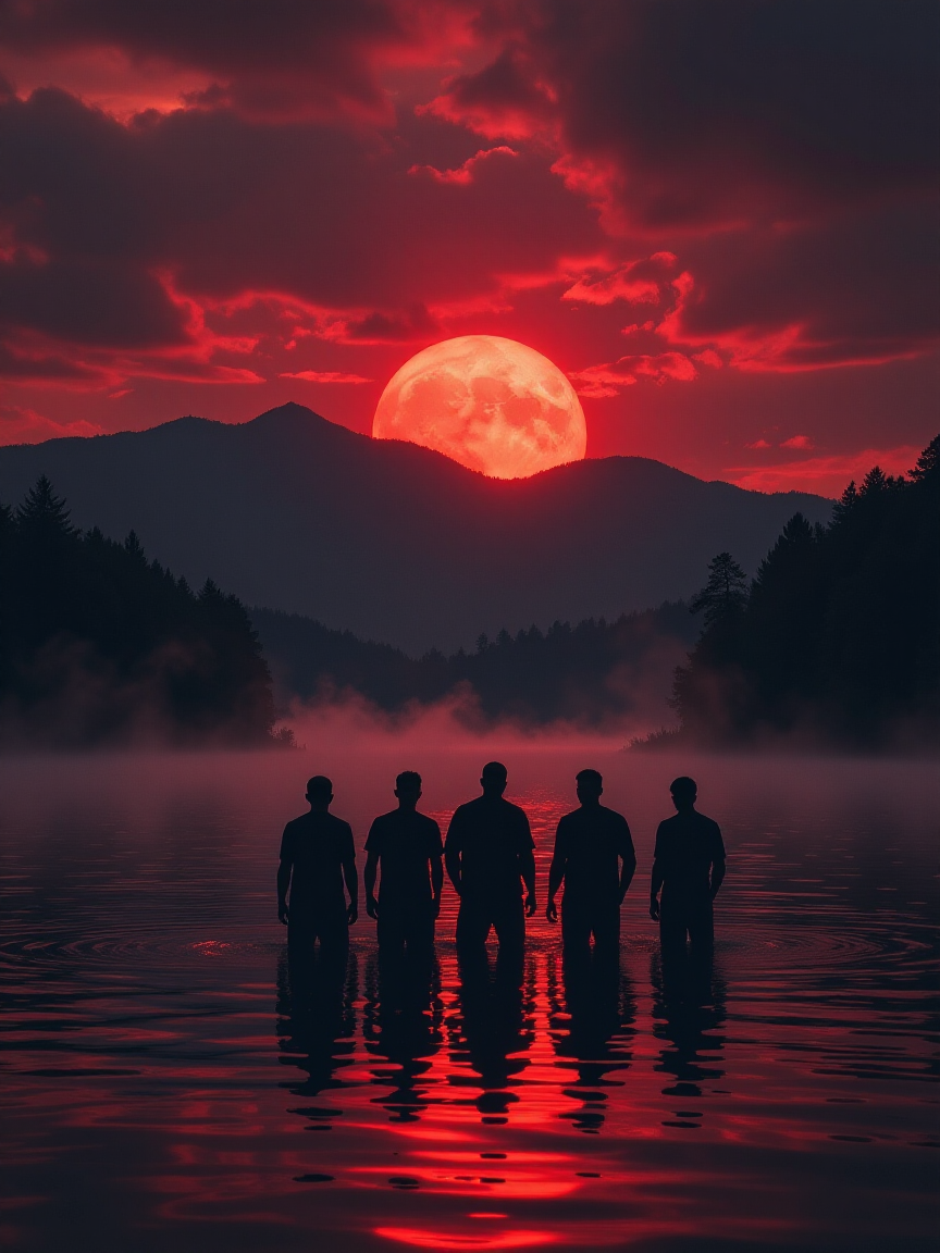 Group of friends standing in a lake, dark, shadowy figures silhouetted against a deep red sunset, water reflecting the ominous sky. Mist rising from the lake, mountains looming in the background, trees casting dark shadows. Sinister atmosphere, quiet and eerie, the sky burning with unnatural colors, a sense of impending danger.
