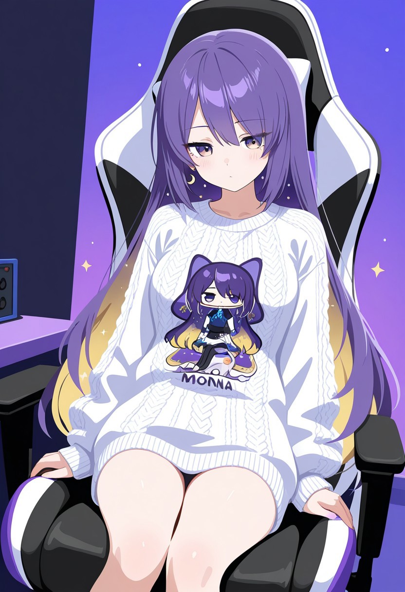 1girl, masterpiece,best quality,amazing quality, no lineart, moona, vtuber, white ugly sweater, sit on a gaming chair