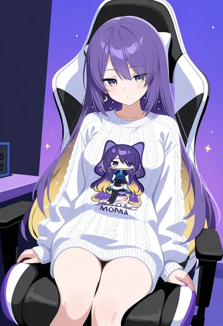 1girl, masterpiece,best quality,amazing quality, no lineart, moona, vtuber, white ugly sweater, sit on a gaming chair