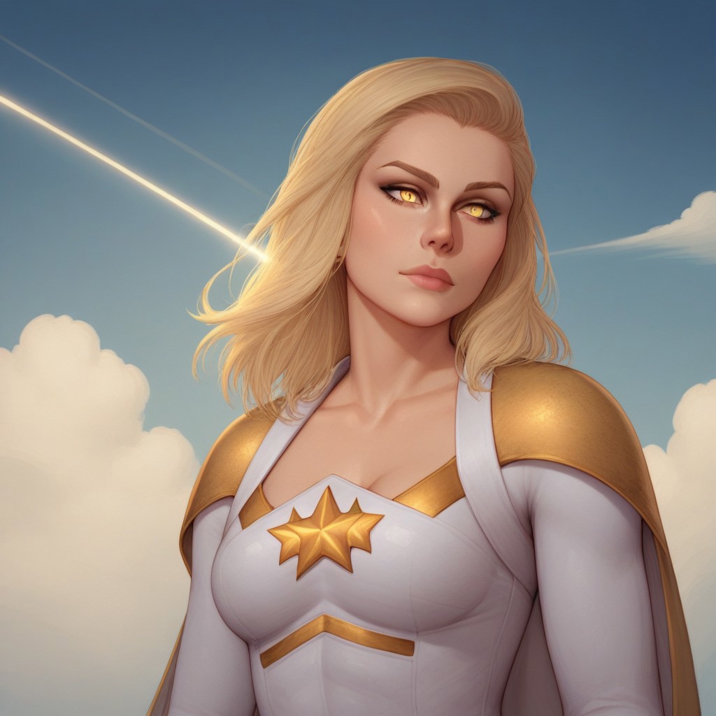 2d, score_9, score_8_up, score_7_up, score_6_up, score_5_up, score_4_up, Expressiveh, 1 girl, solo, intricate details, rating_adult, Expressiveh, WJS07style. starlight, blonde hair, beautiful woman, glowing_yellow_eyes, starlight_costume, sky background, clouds. sunshine in background, upper body, cape blowing in the wind