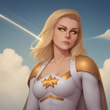 2d, score_9, score_8_up, score_7_up, score_6_up, score_5_up, score_4_up, Expressiveh, 1 girl, solo, intricate details, rating_adult, Expressiveh, WJS07style. starlight, blonde hair, beautiful woman, glowing_yellow_eyes, starlight_costume, sky background, clouds. sunshine in background, upper body, cape blowing in the wind