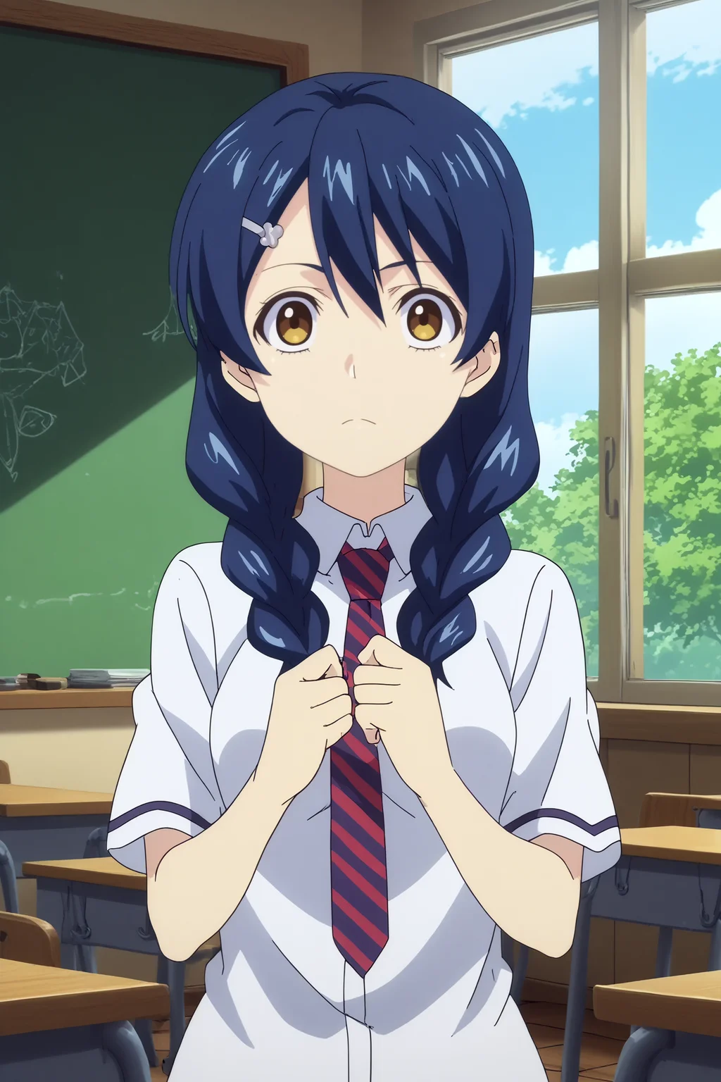 megumi tadokoro,1girl,solo,looking_at_viewer,twin braids,braid,yellow eyes,hair ornament,hair clip,school uniform,necktie,breasts,stripped necktie BREAK indoors,japanese classroom,classroom,simple decor, organized shelves, neat rows, kanji on the board,windows,blue sky,Wooden floors, low desks, chalkboard, sliding doors, sunlight, quiet, neat rows, plants <lora:Megumi_Tadokoro_-_Food_Wars.safetensors:0.8> <lora:detailed_backgrounds_v2.safetensors:0.8>