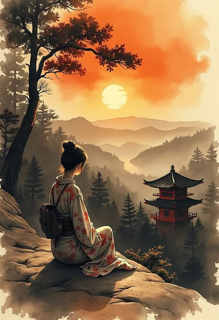 A bold inkplash-meets-watercolor wash artwork, expertly painted on rice paper using rich sepia, burnt henna, and ink-black hues. intricate linework with expressive contrasts, soft lighting with dynamic highlights, Japanese woman sitting in front of a tori gate at the top of a mountain, overlooking wooded hills, landscape, sunset. Impressionistic, ligne claire outlines for clarity and structure
