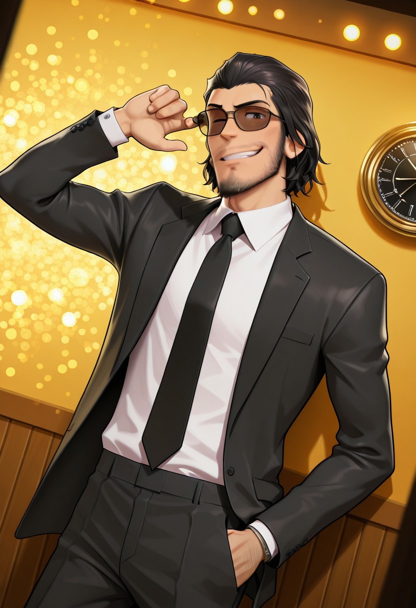 safe_pos, score_9, score_8_up, score_7_up, score_6_up, perfect anatomy, perfect proportions, best quality, masterpiece, high_resolution, high quality, best aesthetic, incredibly absurdres, highres, extremely detailed, huge filesize, (gay, homo, bara, male focus, male only, mature, masculine, manly, hunk, virile), handsome, charming, alluring, dutch angle, cowboy shot, source_anime, official style, source_anime , anime coloring, LP3TFDaisuke, Daisuke Jigeni \(Lupin III: The First\), black hair, sideburns, facial hair, stubble, chinstrap beard, jawline beard, black sunglasses, LP3TFDaisuke_outfit02, black suit,  white collared shirt, black necktie, black blazer, open blazer, open clothes, black pants, single arm raised, leaning on wall, indoor, bar, kinky, lewd, sexy, smirk, seductive_pose, from below,  shading, countershading, movie still, vibrant, vivid, stardom, glamorous, extraordinary achievement, award-winning, expressionist, cinematic still, emotional, harmonious, vignette, bokeh, cinemascope, moody, epic, gorgeous, 



