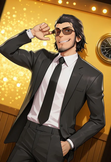 safe_pos, score_9, score_8_up, score_7_up, score_6_up, perfect anatomy, perfect proportions, best quality, masterpiece, high_resolution, high quality, best aesthetic, incredibly absurdres, highres, extremely detailed, huge filesize, (gay, homo, bara, male focus, male only, mature, masculine, manly, hunk, virile), handsome, charming, alluring, dutch angle, cowboy shot, source_anime, official style, source_anime , anime coloring, LP3TFDaisuke, Daisuke Jigeni \(Lupin III: The First\), black hair, sideburns, facial hair, stubble, chinstrap beard, jawline beard, black sunglasses, LP3TFDaisuke_outfit02, black suit, white collared shirt, black necktie, black blazer, open blazer, open clothes, black pants, single arm raised, leaning on wall, indoor, bar, kinky, lewd, sexy, smirk, seductive_pose, from below, shading, countershading, movie still, vibrant, vivid, stardom, glamorous, extraordinary achievement, award-winning, expressionist, cinematic still, emotional, harmonious, vignette, bokeh, cinemascope, moody, epic, gorgeous,