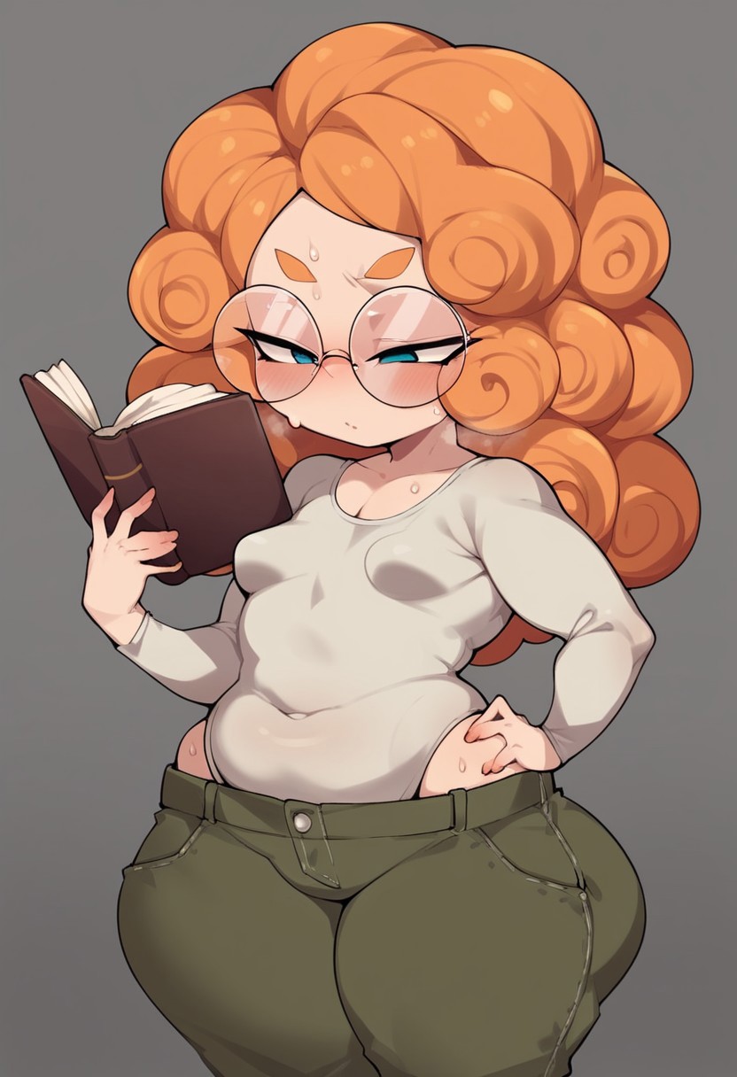 score_9,score_8_up,score_7_up, (Stone Tunnel), Dwarf girl, solo, shortstack, round-glasses, holding book, (reading book), baggy shirt, plump, slight belly, squinting, big back pack, cargo pants, wide hips, small breasts, long luscious hair, curly hair, sweat drop
 (faint torch-light in background),