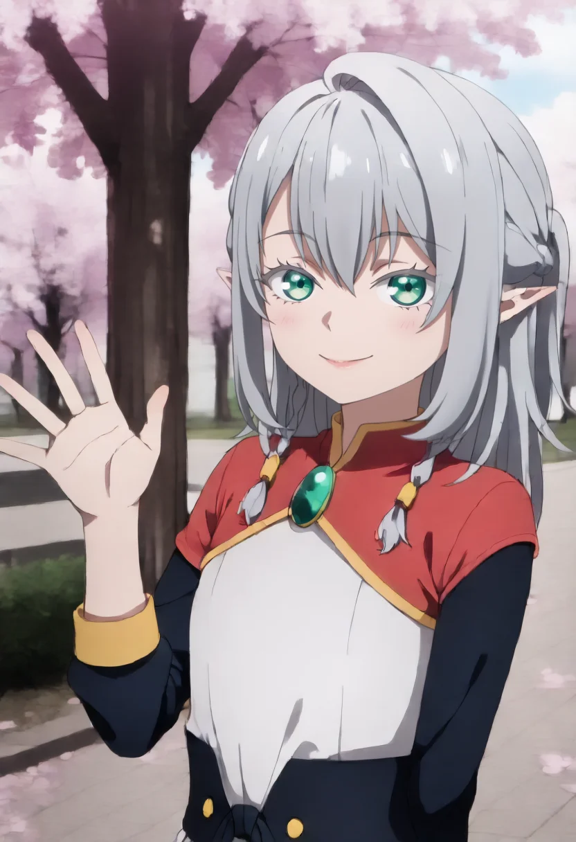 <lora:Young Tessia_IL:1>Young Tessia, 1girl, gray hair, pointed ears, elf, green eyes, white asymmetrical dress with yellow trim, red sash waist tie, black long-sleeve undershirt, green gem pendant necklace, white thigh-high socks, black crisscross strap shoes
Cherry blossom trees in an urban memorial park,seductive smile , waving to the viewer, upper body,
