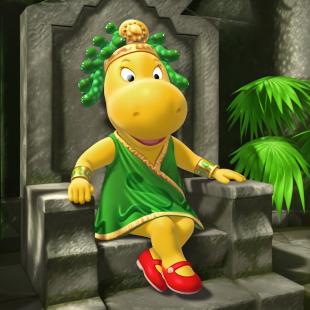 masterpiece, best quality, amazing quality, TashaByil, anthro, female, hippo, yellow skin, black eyes, green snake hair, gold crown, green dress gold trim, gold bracelets, red mary-janes, full body  solo, 1girl, sitting, on throne, outside