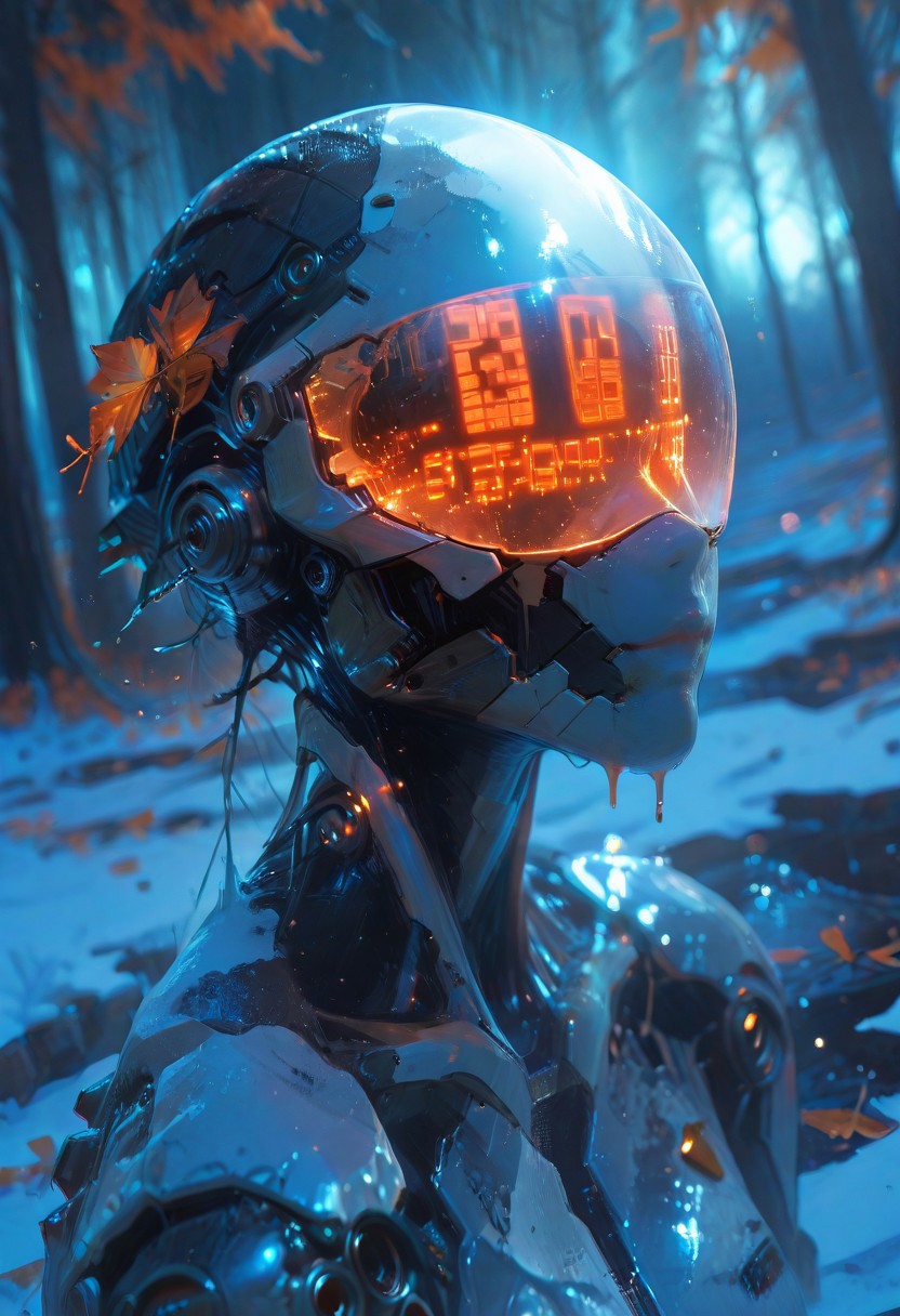 masterpiece, best quality, amazing quality, very aesthetic, absurdres, newest, volumetric lighting, holographic colors, cute, gradient colors, dark background, BREAK  ambient occlusion, raytracing, soft lighting, blum effect, masterpiece, absolutely eye-catching, particles, glow, shining, intricate cinematic background, 
BREAK
explicit, Cyborg killer.1girl, solo, cyborg,,reflection, visor, abstract, jacquard fabric, techwear, detailed helmet,mcnm, visor,closeup, intricate detail, melting, BREAK outdoors, trees, ferns, binary, snow, orange leaves, dutch angle,  pose, soft shadows, dramatic lighting, detailed textures, intimate atmosphere, intricate details, (blurry background, depth of field:1.1) close up,,usnr, 748cmstyle, gbf_style.cybervision.