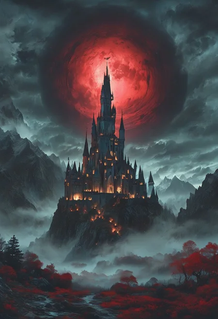 A captivating night scene illustration featuring a forboding and haunted castle on a great  great mountain. The castle and mountain are much like Neuschwanstein Castle in Bavaria.  This enchanting artwork captures a dark and ominous night, where an ominous red bloodmoon hangs above  over the  tree covered mountain range and castle which   stands resolute amidst the great mountains, creating a cinematic experience., illustration, cinematic
<lora:DonM3t3rn1tyXL-v1.1:0.7>, DonM3t3rn1tyXL,
OverallDetailXL  <lora:MJ52:0.3>  <lora:SDXLFaeTastic2400:0.4>  <lora:EpicF4nta5yXL:0.7>
