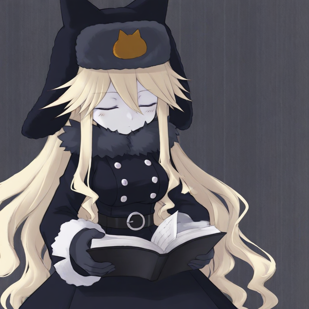 black dress, fur trim, , black coat, blonde hair, fur-trimmed coat, long sleeves, Moge-kov, dress, buttons, belt, book, black headwear, 1girl, blue eyes, ushanka, white skin, hat, coat, animal hat, closed eyes, breasts, solo