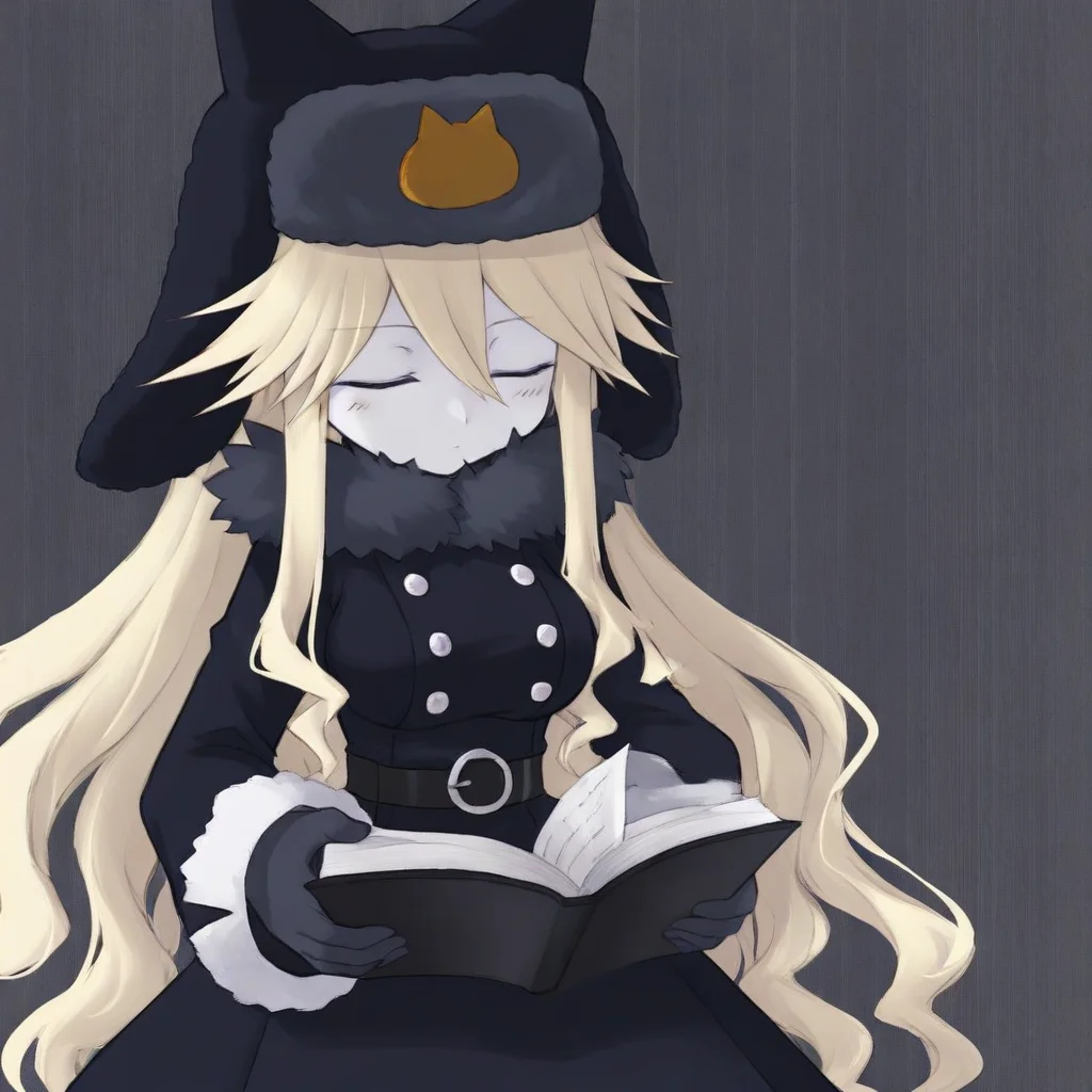 black dress, fur trim, , black coat, blonde hair, fur-trimmed coat, long sleeves, Moge-kov, dress, buttons, belt, book, black headwear, 1girl, blue eyes, ushanka, white skin, hat, coat, animal hat, closed eyes, breasts, solo