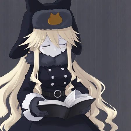 black dress, fur trim, , black coat, blonde hair, fur-trimmed coat, long sleeves, Moge-kov, dress, buttons, belt, book, black headwear, 1girl, blue eyes, ushanka, white skin, hat, coat, animal hat, closed eyes, breasts, solo