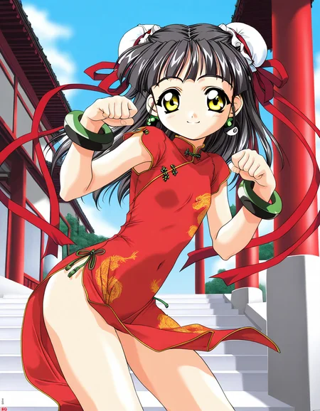 masterpiece, best quality, good quality, <lora:Kounyan_Spiral_NAMI_IS:1>Kounyan, black hair, long hair, double bun, hair bun, bun cover, yellow eyes, ribbon, earrings, flat chest, green jewelry, 2000s \(style\),anime coloring, short stack,
1girl, solo, chinese clothes, china dress, red dress, smile, paw pose,
bracelet, short hair,
blue sky,