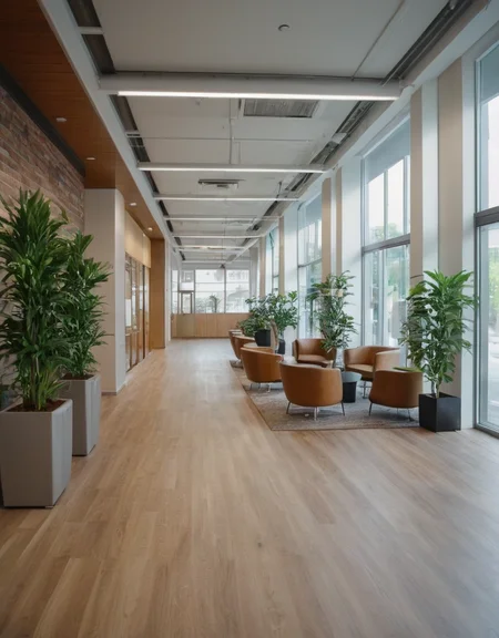 modern office lobby, spacious interior, large windows, natural light, wooden floor, recessed lighting, glass partitions, contemporary furniture, office computers, waiting area, lounge seating, indoor plant, column, industrial ceiling, open concept, woman standing, casual clothing, business environment, lobby desk, transparent doors, emergency exit sign, minimalistic design, warm color tone, wide-angle shot, Fujifilm XT3, Canon R5, Fujicolor Fujichrome Velvia 100