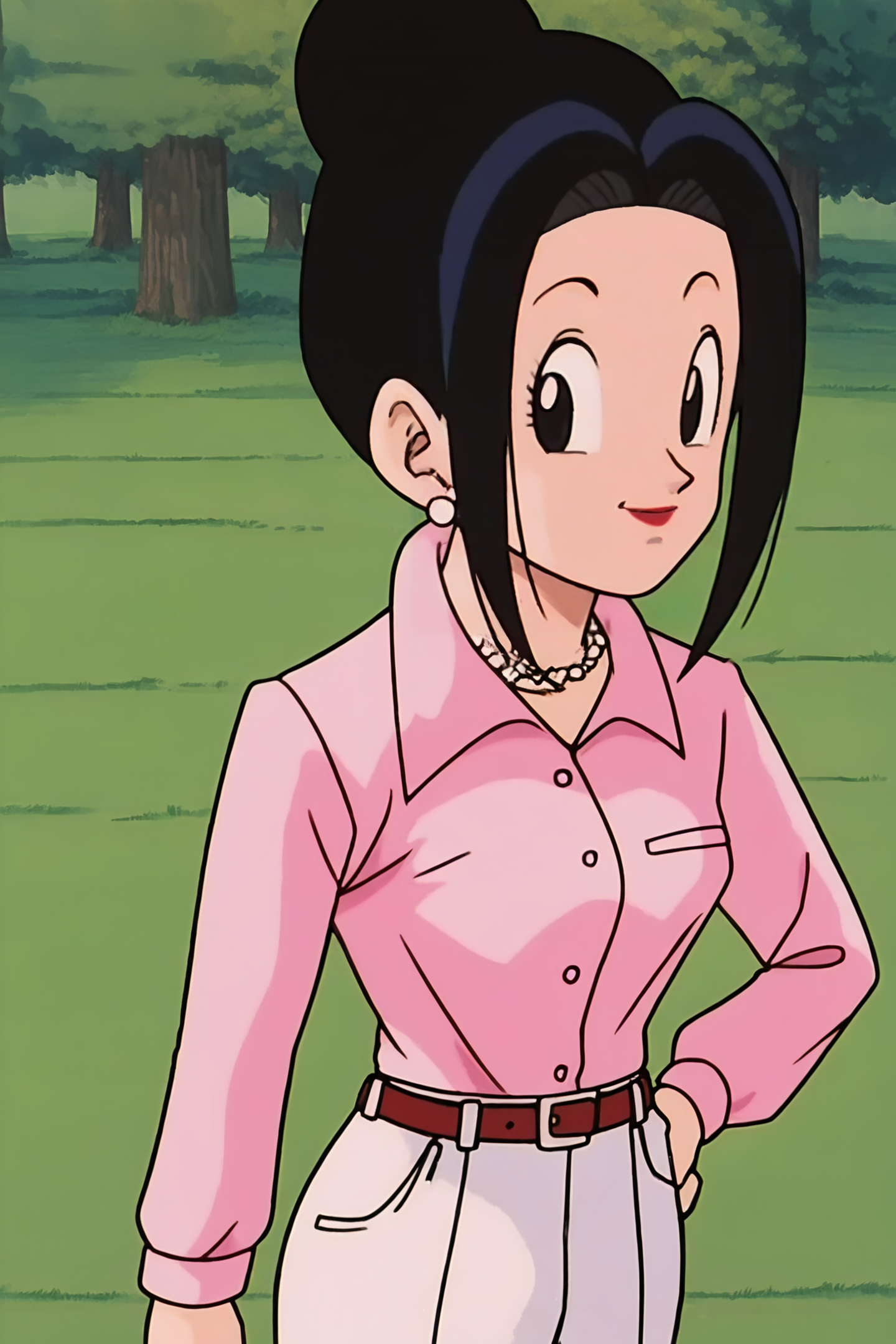 source_anime, score_9, score_8_up, score_7_up, anime screencap,8k, absurd res,
chi-chi, ((end of buu)), 1girl, solo, looking at viewer, smile, grass, shirt, black hair, long sleeves, tree, outdoors, jewelry, standing, from above, earrings, collared shirt, belt, pants, necklace, hair bun, black eyes, dress shirt, single hair bun, pink shirt, hand on hip, shirt tucked in, pearl necklace, white pants, long sidelocks, looking at viewer, 
 <lora:chichi_pony_v2:0.8>