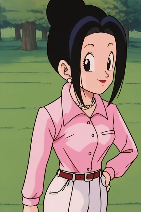 source_anime, score_9, score_8_up, score_7_up, anime screencap,8k, absurd res,
chi-chi, ((end of buu)), 1girl, solo, looking at viewer, smile, grass, shirt, black hair, long sleeves, tree, outdoors, jewelry, standing, from above, earrings, collared shirt, belt, pants, necklace, hair bun, black eyes, dress shirt, single hair bun, pink shirt, hand on hip, shirt tucked in, pearl necklace, white pants, long sidelocks, looking at viewer,
<lora:chichi_pony_v2:0.8>