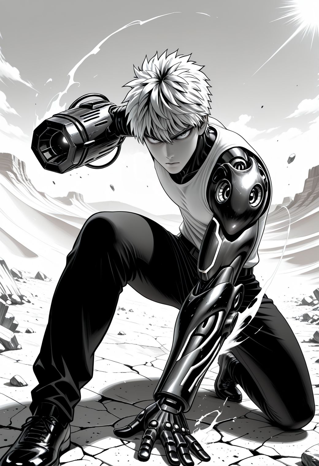 SmoothNoob_Quality, (Murata Yuusuke:1.5), manga style, (greyscale), 1boy, male focus, genos \(one-punch man\), white shirt, sleeveless, closed mouth, black pants, cyborg, cybernetic, mechanical arms, debris, fighting stance, incoming attack, emphasis lines, full body, desert, cracked floor, foreshortening,​​​ steaming body, glowing trim, arm cannon,