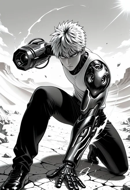 SmoothNoob_Quality, (Murata Yuusuke:1.5), manga style, (greyscale), 1boy, male focus, genos \(one-punch man\), white shirt, sleeveless, closed mouth, black pants, cyborg, cybernetic, mechanical arms, debris, fighting stance, incoming attack, emphasis lines, full body, desert, cracked floor, foreshortening,βββ steaming body, glowing trim, arm cannon,