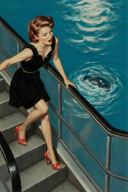 walterbaumhofer1 painting. 
a woman in a chic little black dress and vibrant red high heels, gracefully descending an escalator. She wears black lipstick and is screaming. Her attire exudes elegance and sophistication, with the red heels providing a bold pop of color against the classic black dress. The escalator itself, typically found in a mall or airport, leads downwards into an unexpected and dreamlike destination -- pool of rippling water. The water is blue and ripples as the escalator's steps disappear beneath the surface.
 <lora:walterbaumhofer1_cap_d8a4e12:1.0><lora:849133759671323209:0>