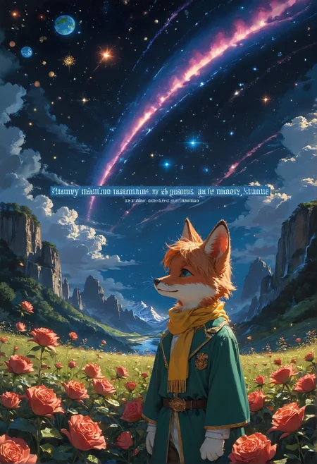 detailed background,Cinematic Lighting,film grain,score_9,score_8_up,score_7_up,zPDXL2,masterpiece,best quality,highly detailed,glowing,hand person,Expressiveh, <lora:(增强)sdxl_lightning_8step_lora:1>,<lora:glowneon_xl_v1:1>, <lora:(增强)Hands XL 4:1>,<lora:(增强)Expressive_H-000001:0.8>, <lora:Vixon\Vixon's Pony Styles Astro:0.8> , little prince, a rose, a fox, night sky, universe, yellow scarf, yellow hair, green clothes, 4str0,star \(sky\), earth \(planet\), planet,Le Petit Prince,1child
