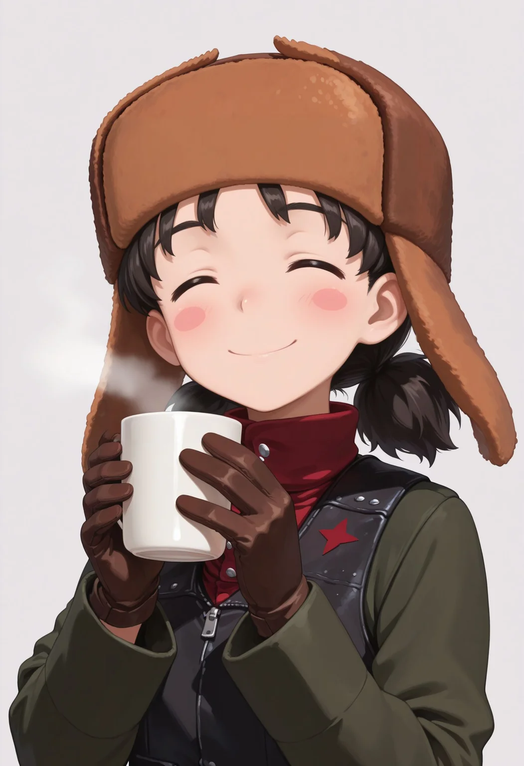 masterpiece, best quality, amazing quality, very awa, looking at viewer,
<lora:Nina illu:1> 1girl, pravda military uniform, fur hat, ushanka, black vest, closed eyes, short twintails, white background, smile, low twintails, turtleneck, simple background, short hair, gloves, black hair, long sleeves, jacket, holding cup, brown headwear, red shirt, closed mouth, upper body, blush stickers