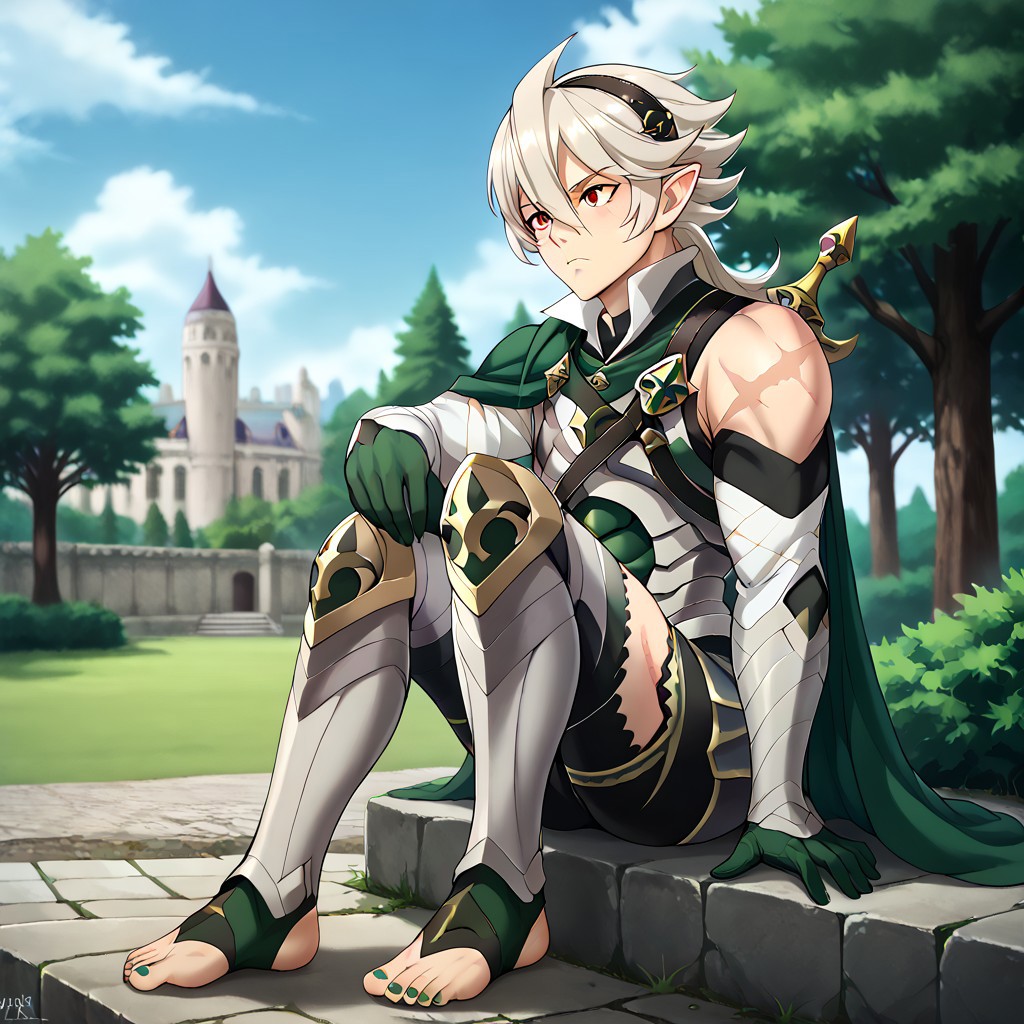 masterpiece, best quality, sharp aliasing, highly detailed, 1male, male body, male,EPfeCorrin, dark green cape, armour, dark green gloves, black pants, wearing pants, outdoors, evening, stone ground, tree, bush, buildings, windy, barefoot, toeless legwear, armoured legwear, armoured arms, shin armour, leg armour, leg and shin armour, shin guards, stirrup legwear, dark green stirrups, 5 toes, Quality, High Definition, Full body view, solo, slimes_sanemi, scar, scars, scar on face, scar on chest, scar on forehead, white hair, muscular, red eyes, slit eyes, pointy ears, sitting, green sword, green toenails, dirty feet, side view, grumpy expression, sitting on ledge