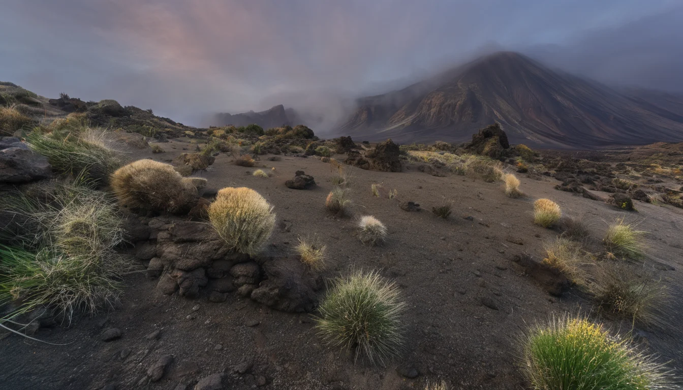 Volcanic Desert,no humans,scenery,outdoors,landscape,fog,grass,nature,<lora:Volcanic Desert:1>,, masterpiece, best quality,