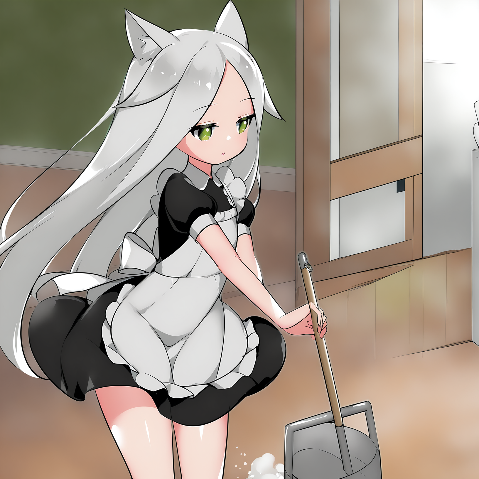 masterpiece,best quality,newest,absurdres,highres,<lora:noobai_ep11_stabilizer_v0.138_fp16:1>,murong_yuzhuo,<lora:Murong_Yuzhuo_v1:1>,green eyes,white hair,dress,cat ears,maid,cleaning,