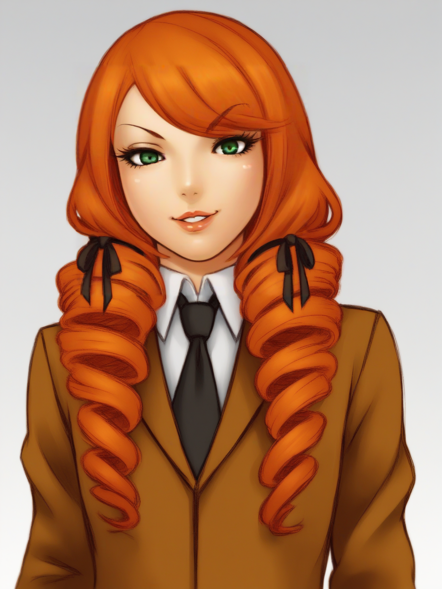 uncensored, score 9 up, score 8 up,
 <lora:Prison_School_Kate_Takenomiya_Character_PonyXL:1>,prison_school_kate_takenomiya, long hair, drill hair, twin drills, school uniform, green eyes, hair ribbon, smile, looking at viewer, twintails, jacket, blazer, red hair, lips, necktie, orange hair, 1girl, standing, looking at viewer,