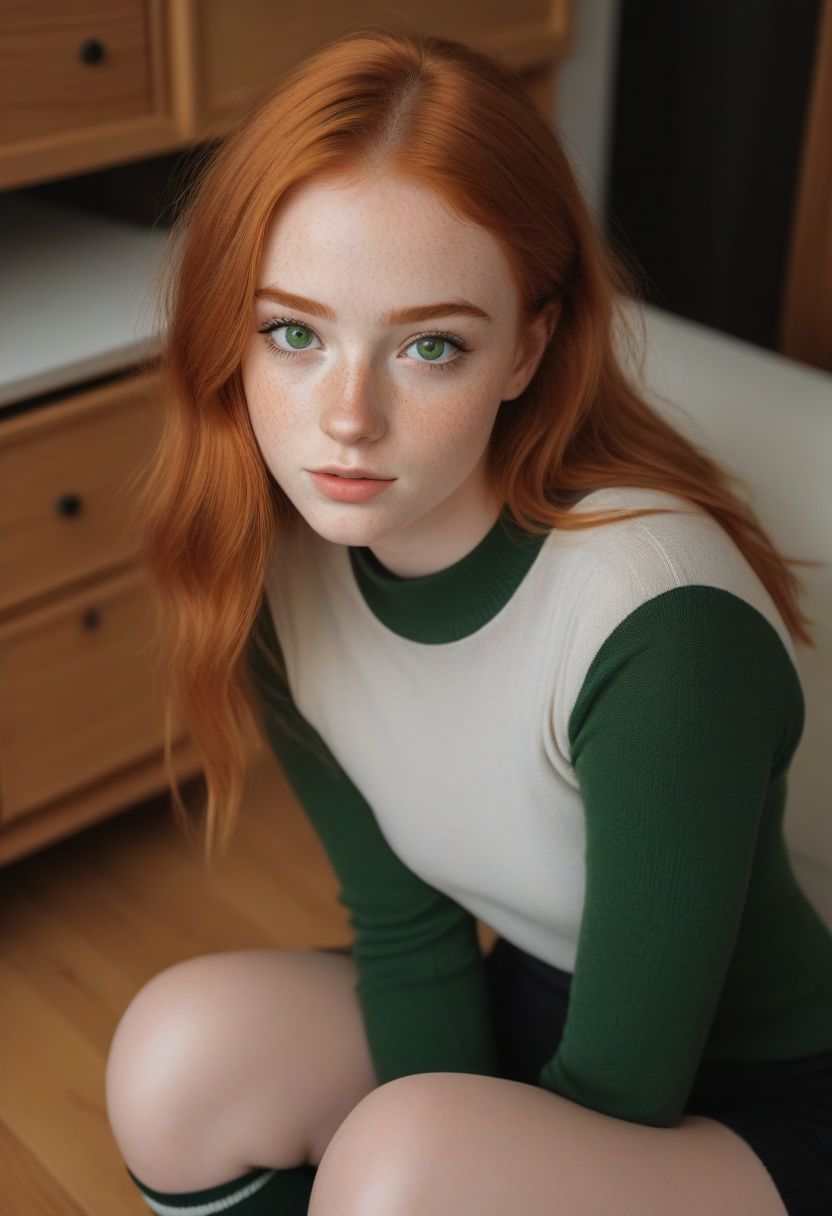 portrait, upper body, close up, cute woman, beautiful, 20 years old, green eyes, (black bold eyeliner, makeup:1.3), freckles, soft smile,  shoulder length ginger hair at side, ear, 
kneeling, living room, freckles, knee high socks,  petite body, beautiful legs, realistic soft skin, looking at viewer, from above, blowjob, pov, 
hyperdetailed analog photo, Cinematic, wooden house,