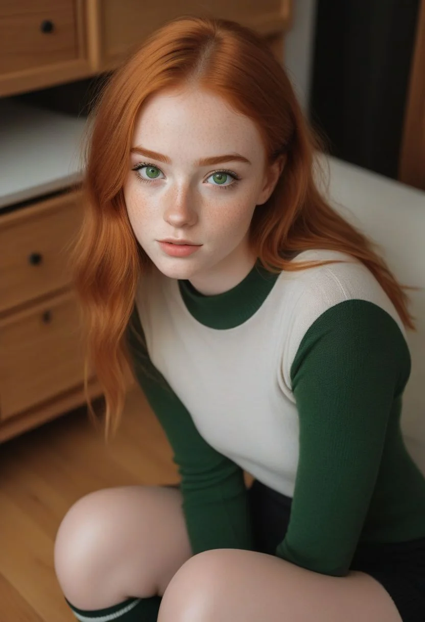 portrait, upper body, close up, cute woman, beautiful, 20 years old, green eyes, (black bold eyeliner, makeup:1.3), freckles, soft smile,  shoulder length ginger hair at side, ear, 
kneeling, living room, freckles, knee high socks,  petite body, beautiful legs, realistic soft skin, looking at viewer, from above, blowjob, pov, 
hyperdetailed analog photo, Cinematic, wooden house,