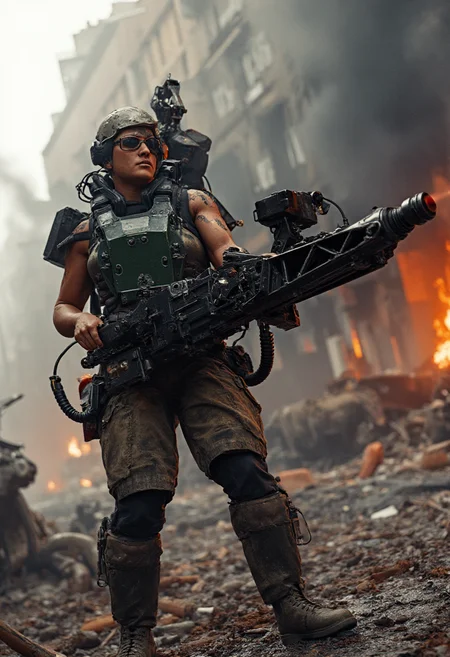 In the midst of a chaotic urban battlefield, a Colonial Marine wields the formidable M56 Smartgun, captured in vivid photorealism. The Marine, clad in battle-worn armor, stands in a crumbling street surrounded by the debris of shattered buildings and burning vehicles. The Smartgun, a massive, gyroscopically stabilized weapon, is harnessed to the Marine’s body, its targeting system locked onto unseen enemies hidden among the rubble. The photorealistic detail emphasizes the weight and power of the Smartgun, with its rotating barrel and ammunition belt feeding into the weapon as the Marine sweeps it across the battlefield. Smoke and dust swirl around, illuminated by the harsh light of fires and the occasional muzzle flash. The Marine's face, visible through the helmet, is set in grim determination, every muscle tense as she prepares to unleash the devastating firepower of the Smartgun against the approaching enemy. The contrast between the high-tech weaponry and the gritty, war-torn environment highlights the relentless nature of urban warfare