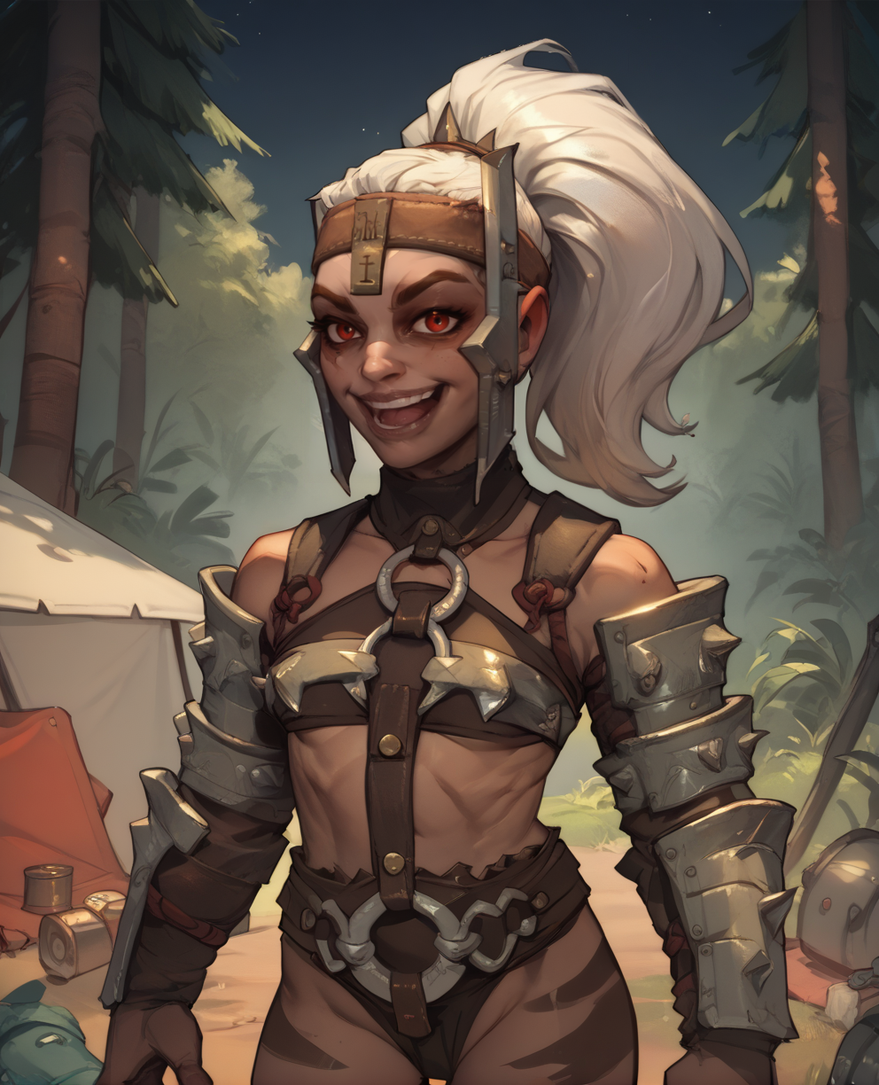 score_9,score_8_up,score_7_up,score_6_up,
ferraxl, white hair,ponytail,red eyes,looking at viewer,smug,
Armor,spikes,guantlets,metal headband,o-ring bikini,
standing,  laughing, 
Camp,quarry,night,<lora:ferra:1>,  solo,