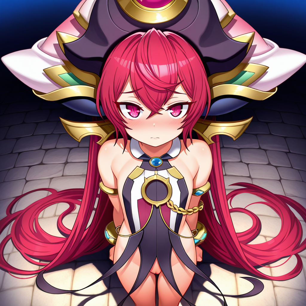 best quality, amazing quality, absurdres, uncensored, detailed eyes, perfect eyes, extremely detailed CG, extremely detailed face, perfect face, detailed Lora, best quality, anime, masterpiece, beautiful eyes, beautiful face, high resolution, distinct image, 4k, 8k, high_resolution, high, super, hyper, perfect_finger, distinct_image BREAK  <lora:Aku_no_Onna_Kanbu_Lunarverse13th_IL:1>Lunarverse13th, 1girl, solo, red hair, very long hair, ornate headdress, flat chest, red eyes, ornate headdress, bracelet, jewelry, revealing clothes, anklet, platform shoes, cowboy shot, from above, looking at viewer, hands behind back