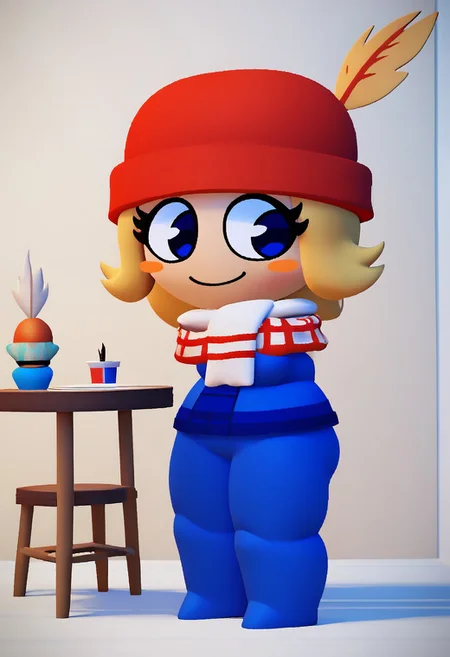 score_9,score_8_up,score_7_up, score_6_up, source_cartoon, cghonk BREAK, Bambisona style, 3d, 3d art, beautiful, masterpiece, (cartoon), round head, bright colors, 1girl, cylinder legs, light-skinned, light skin female, red beanie, beanie, scarf, red stripped scarf, white scarf, hat, red hat, feather hat, golden feather, blue shirt, blue pants, beanie, blue eyes, full body, short hair, tied hair, blonde, feather on hat, chibi, large eyes, big boobs, boobs apart, blush stickers, smiling, short female, cowboy shot, white room, white floor, white walls, paintings on walls, chairs, table, shortstack