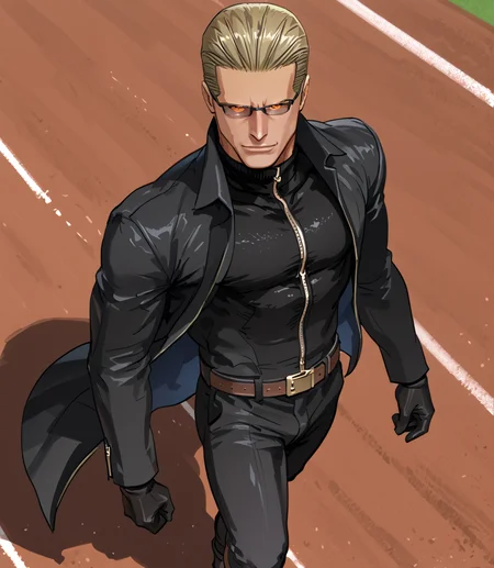 PonyScores7, source_anime, ah1,  <lora:natsumi_style:1>, BREAK <lora:albertwesker-guy-PONYv1:0.8> albertwesker, 1boy, blonde, black gloves, (sunglasses:1.3), belt, black coat, black pants, looking at viewer, toned, athletic, fit, slicked back hair, black turtleneck, zipper, mature male, short hair, black boots, (philosopher, teaching the importance of virtue and wisdom to young leaders), (a rally track, with off-road sections, dirt roads, challenging terrain), ((Face with a naughty smirk expression)), (focused, intense glare, apatethic, contemptuous), (reddish orange eyes, slit pupils), (angular face, sharp_featured face), handsome, charming, alluring, BREAK <lora:xl_more_art-full_v1:0.2>, <lora:shinyskin2:0.2> glistening skin, <lora:aesthetic_anime_v1s:0.2>, <lora:Expressive_H:0.2> Expressiveh, <lora:hairdetailpxl:0.2> hairdetailpxl, <lora:EpicF4nta5yXL:0.2>, <lora:detailxl:0.2> detailxl, <lora:Fant5yP0ny:0.2>, best quality, amazing quality, best aesthetic, absurdres, <lora:expressive eyes:0.2> expressive eyes, <lora:eyedetailpxl:0.2> eyedetailpxl, illustration, Volumetric_Lighting, ultra-detailed, very aesthetic, intricate details, 8k, masterpiece, best_quality, BREAK (High Angle (from behind) view medium Close shot (focus on waist)), BREAK <lora:Eyes_High_Definition:0.3> EyesHD, Stable_Yogis_PDXL_Positives, AS-Adult, <lora:Complicated fantasy portrait - XL Pony V2.0:0.4>, bad-hands-5, AS-MidAged,