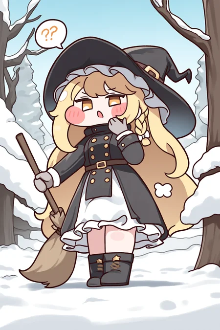 (trickcalcg, trickcal, chibi, chibi only:1.3), blush, blush stickers, original, 
touhou, kirisame marisa, 1girl, black coat, black hat, blonde hair, boots, braid, broom, buttons, coat, double-breasted, dress, frilled dress, frills, gloves, grey gloves, hat, looking at viewer, open mouth, outdoors, pointy hat, side braid, snow, solo, speech bubble, standing, tree, winter clothes, witch, witch hat, yellow eyes, 
(masterpiece, best quality, absurdres, highres, newest, very awa:1.2), 