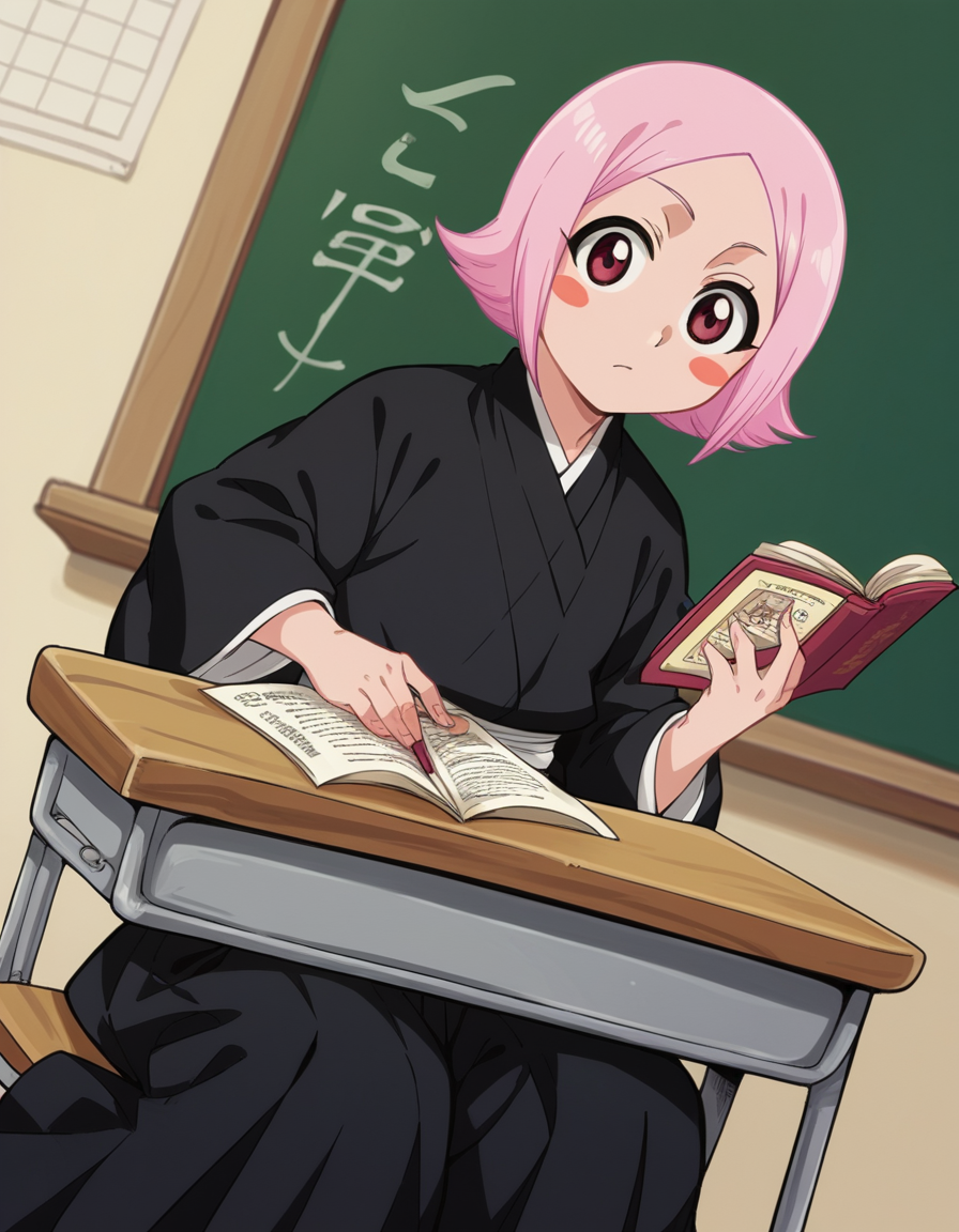 score_9, score_8_up, score_7_up, source_anime, <lora:yachiru-kusajishi-anime-ponyxl-lora-nochekaiser:1>, yachiru kusajishi, short hair, pink hair, pink eyes, blush stickers, forehead,, long sleeves, japanese clothes, hakama, black hakama,, classroom, chalkboard, day time, studying, sitting, chair, desk,, , looking at viewer, hand on waist, elbow up, foot on tiptoe, solo,, cowboy shot, dutch angle