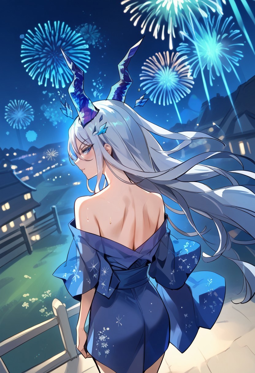 zPDXL3, score_9_up, score_8_up, score_7_up, (Anime_source), solo, 1girl, Merenia, blue eyes, white eyebrows, white hair, long hair, dragon horns, crystal floating on head cowboy shot, looking back, from side, from above, off-shoulder kimono, smirk, blush, bare shoulders, rimlight, night, japanese clothes, fireworks, depth of field, sweat, arms at sides