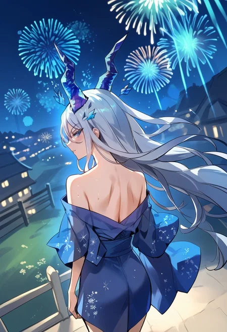 zPDXL3, score_9_up, score_8_up, score_7_up, (Anime_source), solo, 1girl, Merenia, blue eyes, white eyebrows, white hair, long hair, dragon horns, crystal floating on head cowboy shot, looking back, from side, from above, off-shoulder kimono, smirk, blush, bare shoulders, rimlight, night, japanese clothes, fireworks, depth of field, sweat, arms at sides