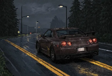 Pixel Art 8-bit style of A medium-close-up view of a car driving on a wet road at night. The car is in the center of the image, with its rear end facing the viewer. It is a dark brown Nissan GT-R, with a black and white logo on the side of the car. It has red and yellow lights on it, and it has a black spoiler on the back of it. The road is wet and there are white lines on both sides of the road. On the right side of this image, there are trees and bushes, and on the left side, there is a road divider with a yellow arrow sign on it. In the background there are many street lights and a hill with trees on the top. The sky is blue and cloudy, and the sun is shining through the clouds. PXLART