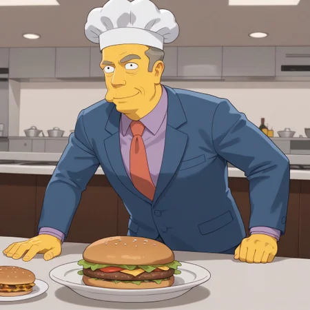 score_9, score_8, score_9, BREAK, solo, skinner, yellow skin, suit, necktie, chef hat, hamburger