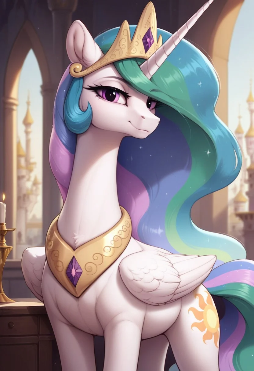 score_9, score_8_up, score_7_up, score_6_up, pony, alicorn, feral, mare, solo, (princess celestia), no breasts, canterlot castle, indoors, tail, photo_realistic, anatomically correct, looking at you, standing,
