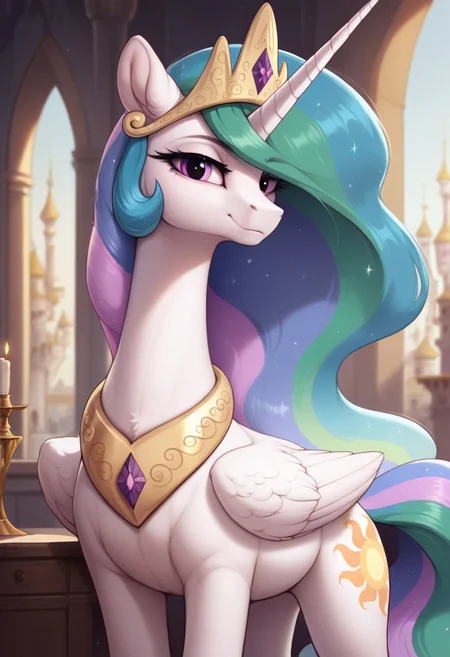 score_9, score_8_up, score_7_up, score_6_up, pony, alicorn, feral, mare, solo, (princess celestia), no breasts, canterlot castle, indoors, tail, photo_realistic, anatomically correct, looking at you, standing,
